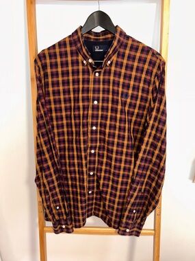 Fred Perry Burgundy and Yellow Plaid Button-Down Shirt